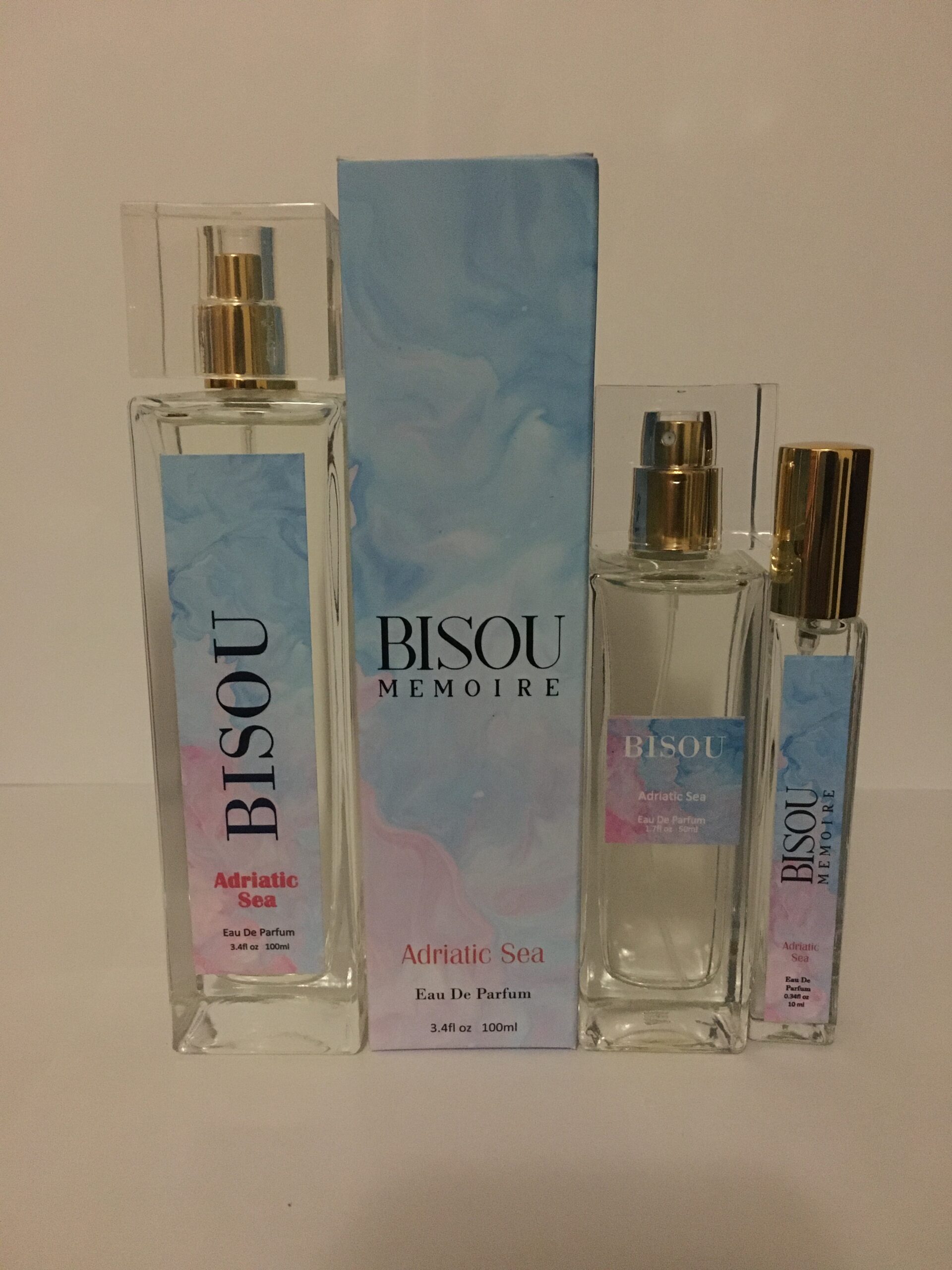A group of three different bottles of perfume.
